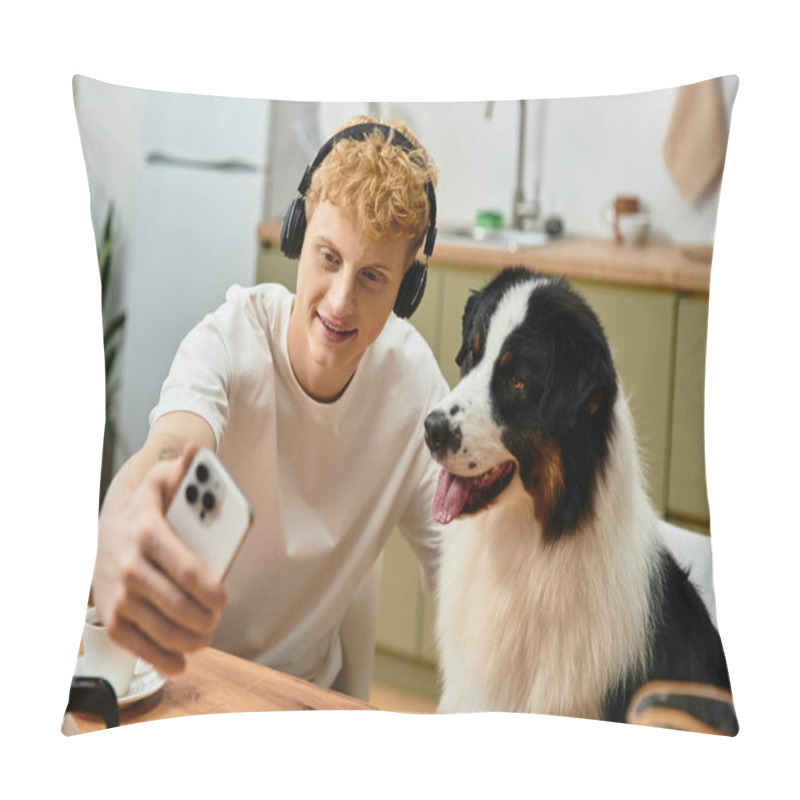 Personality  A Young Man With Red Hair Snaps A Selfie With His Cute Australian Shepherd In A Modern Apartment. Pillow Covers