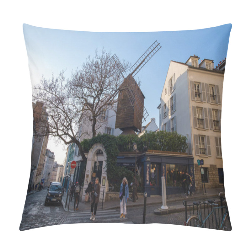 Personality  Paris, France - March 22, 2022 :A French Restaurant Bar With A Windmill At The Top In The Picturesque Area Of Montmartre Paris At Day Time Pillow Covers