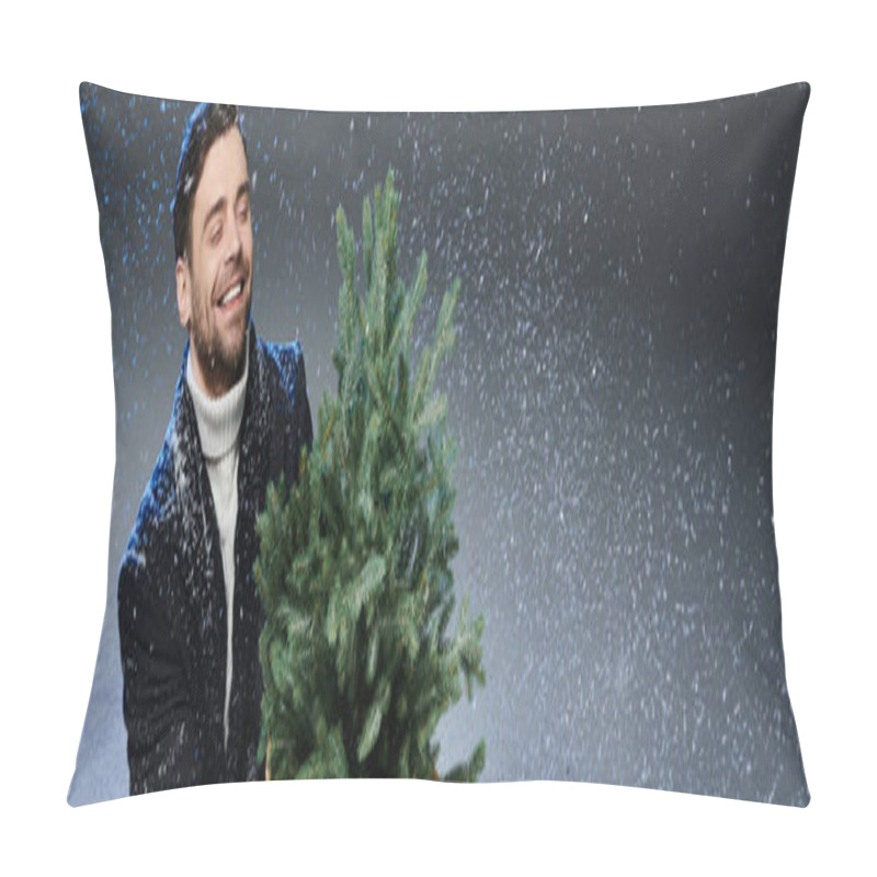 Personality  A Cheerful Young Man Embraces A Christmas Tree While Snowflakes Swirl Around Him In Winter Joy. Pillow Covers