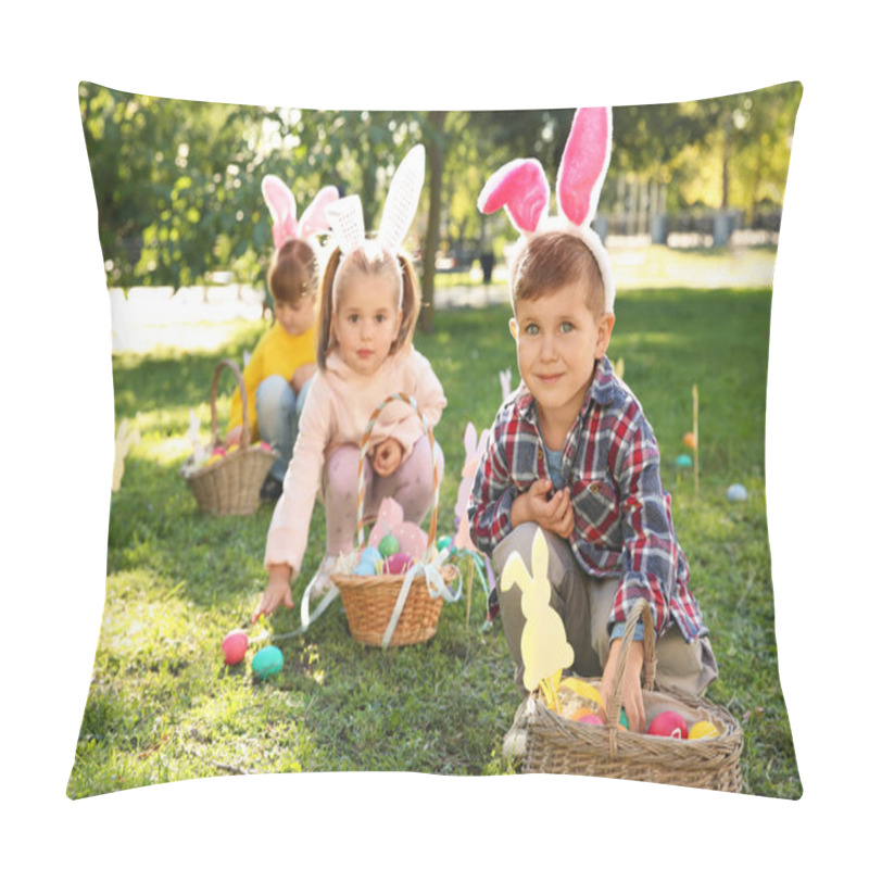 Personality  Cute Little Children Hunting Eggs In Park. Easter Tradition Pillow Covers