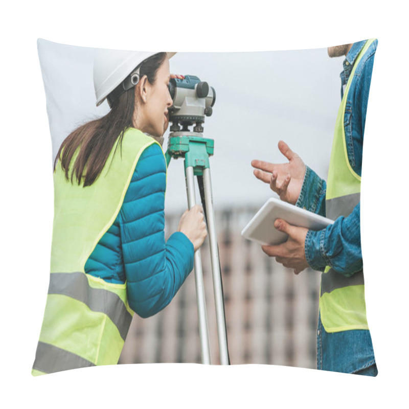 Personality  Cropped View Of Surveyors Working With Digital Level And Tablet Pillow Covers