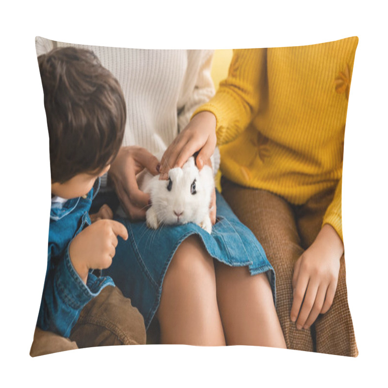 Personality  Cropped View Of Woman With Chidren Touching White Funny Rabbit Pillow Covers