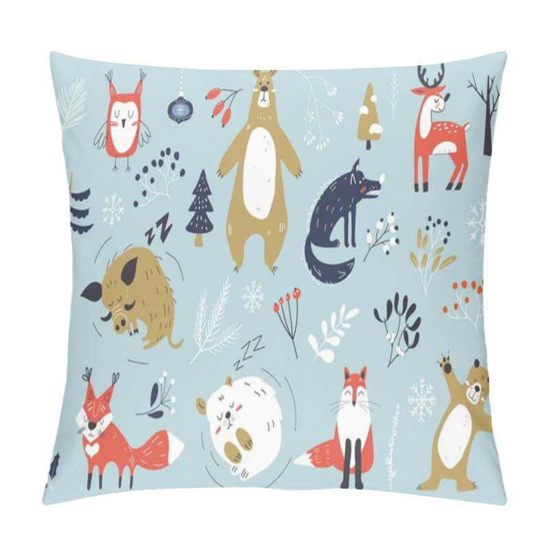 Personality  Christmas Set With Cute Animals. Winter Characters. Woodland Animals Hand Drawn. Christmas Sketch Drawing. Vector Illustration. Pillow Covers