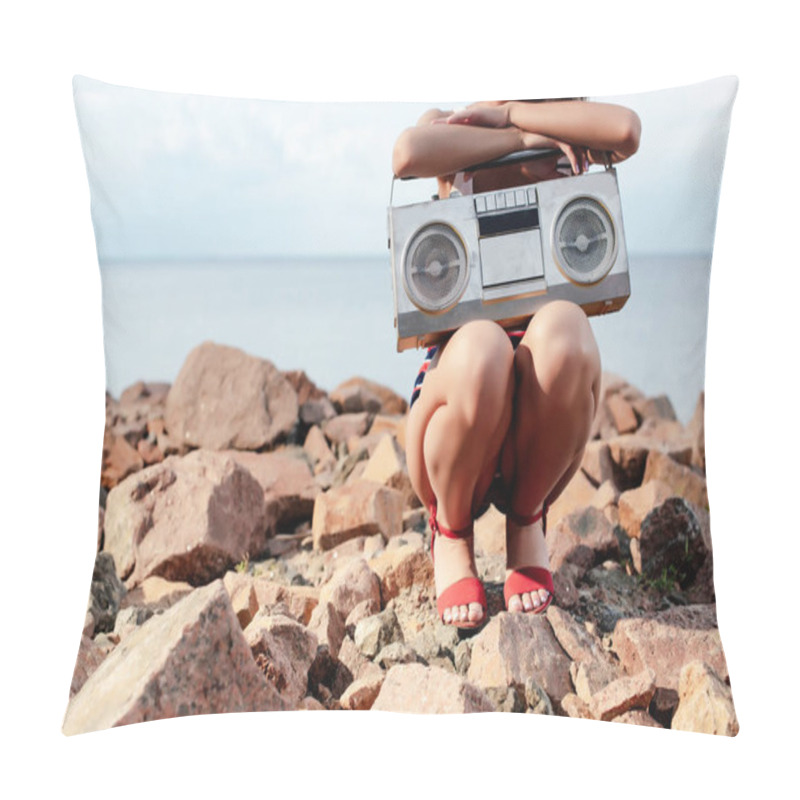 Personality  Cropped View Of Stylish Woman Posing With Retro Boombox On Rocky Beach Pillow Covers