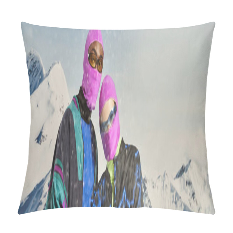 Personality  Stylish Multicultural Couple In Warm Bold Clothing And Pink Balaclavas, Winter Concept, Banner Pillow Covers