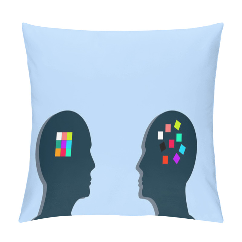 Personality  Ordinary And Extraordinary Brain Concept Idea With Human Heads.. Neurology And Psychology. Rational And Irrational Thinking. Two Human Minds With Different Way Of Thinking, Pillow Covers