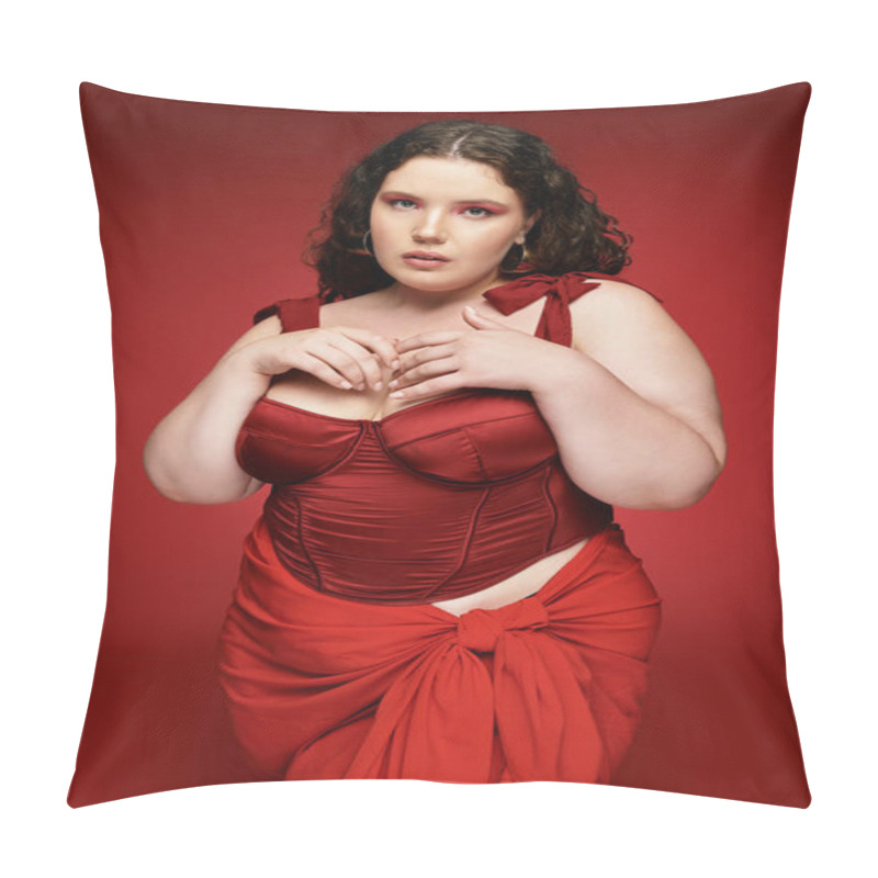 Personality  Stylish And Confident Woman Poses Elegantly In Radiant Red Clothing, Creating A Captivating Look. Pillow Covers