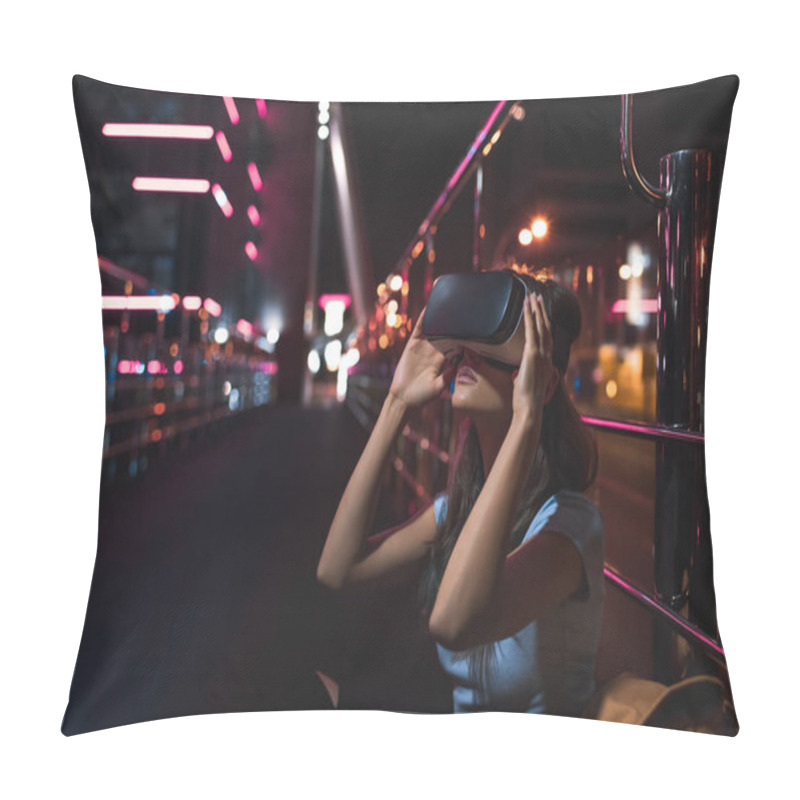 Personality  Young Woman In Virtual Reality Headset Sitting On Street With Night City On Background Pillow Covers