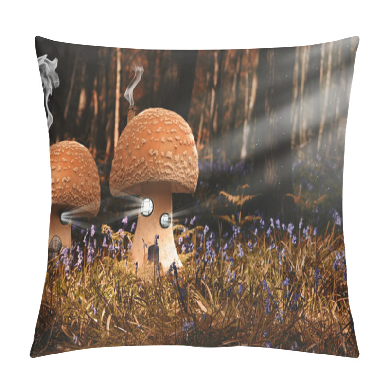 Personality  Fantasy Image Of Toadstool Houses In Bluebell Woods Pillow Covers