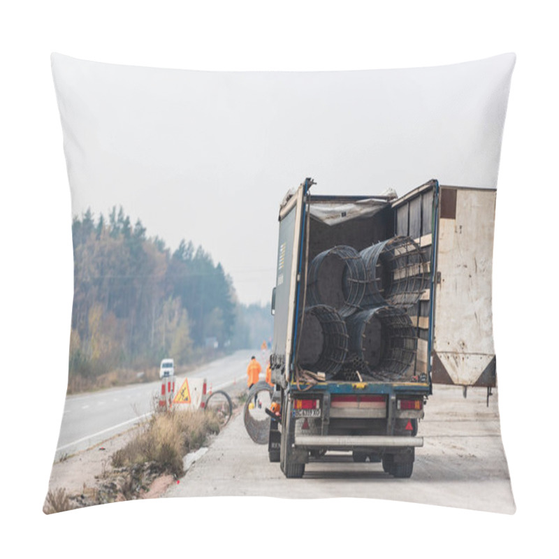 Personality  LVIV, UKRAINE - OCTOBER 23, 2019: Truck With Metallic Pipes And Opened Doors  Pillow Covers