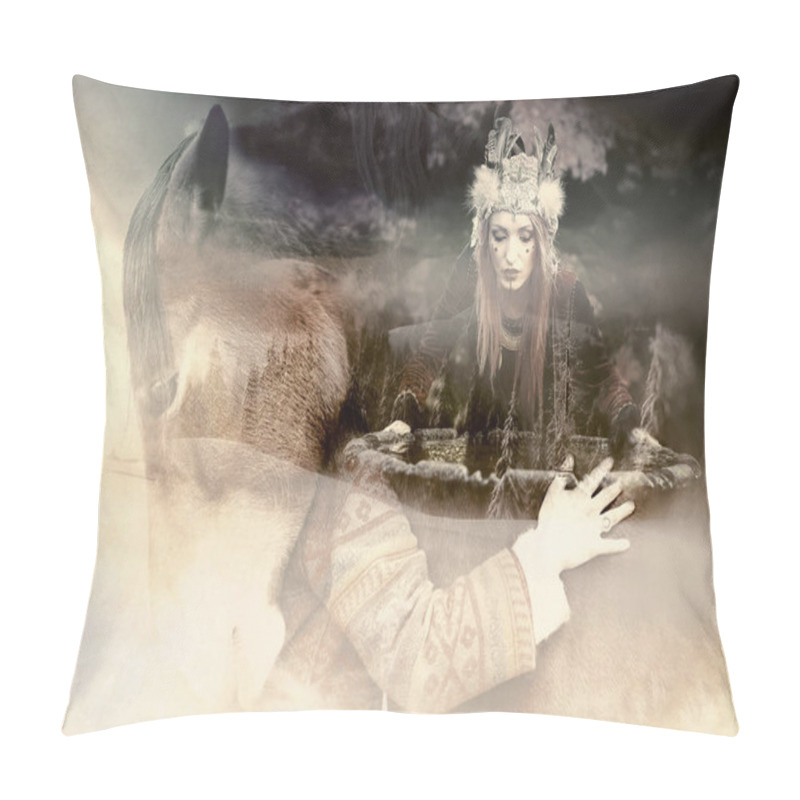 Personality  Woman Hugging A Horse And Shaman Looks Into The Well. Pillow Covers