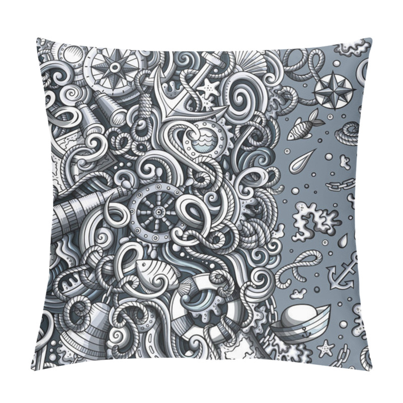 Personality  Cartoon Cute Doodles Hand Drawn Nautical Frame Design. Monochrome Detailed, With Lots Of Objects Background. Funny Vector Illustration. Graphics Border With Maritime Theme Items Pillow Covers