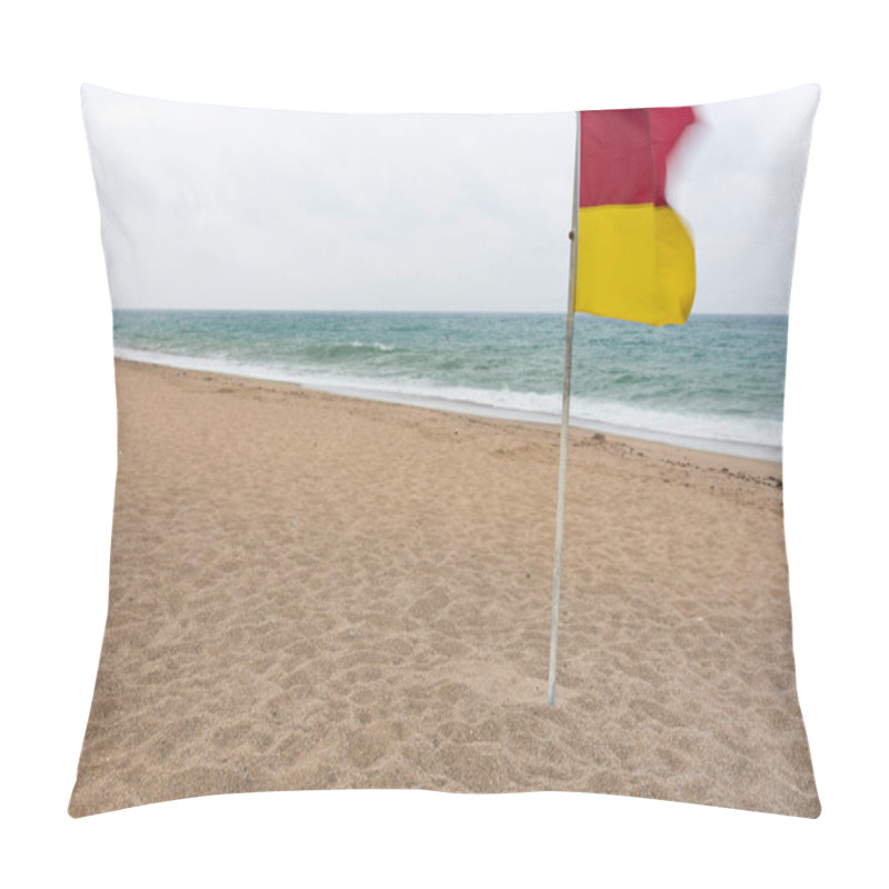 Personality  Red And Yellow Warning Flag Flying In The Wind On A Deserted Sandy Beach With Choppy Ocean On A Grey Sky Day Pillow Covers