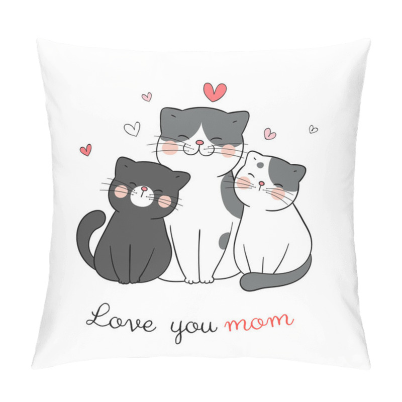 Personality  Draw Banner With Cat Mom And Babies With Little Hearts Isolated On White Background Pillow Covers