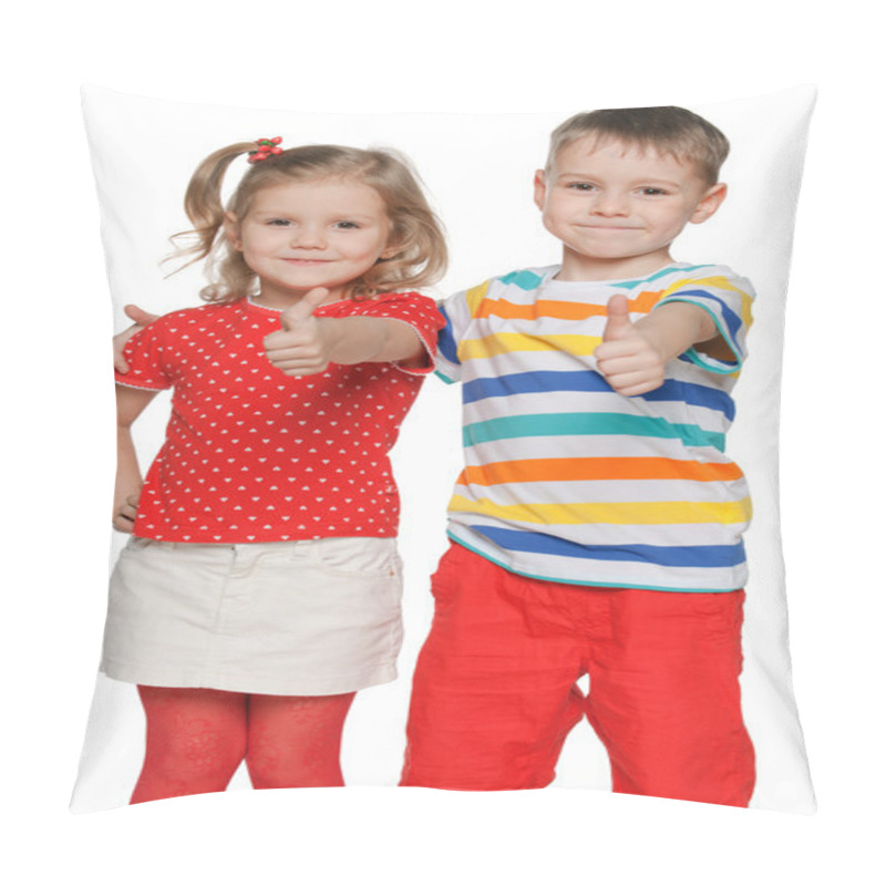 Personality  Two Cheerful Children Hold His Thumbs Up Pillow Covers