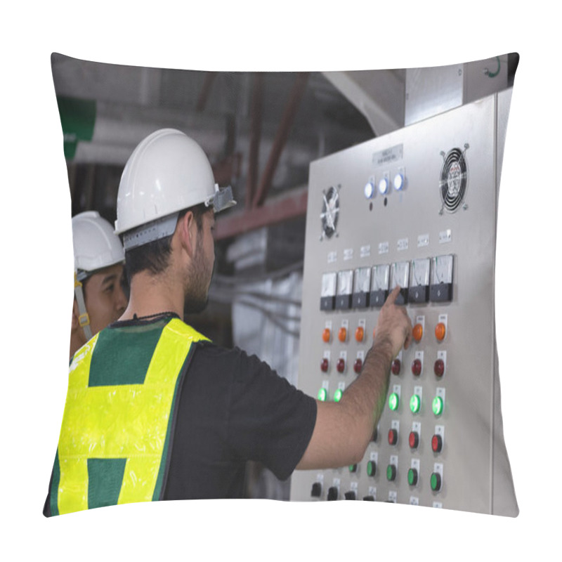 Personality  Electrical Engineer Team Working Front HVAC Control Panels, Technician Discussion And Training Daily Check Controls System For Security Functions In Service Room At Factory. Pillow Covers