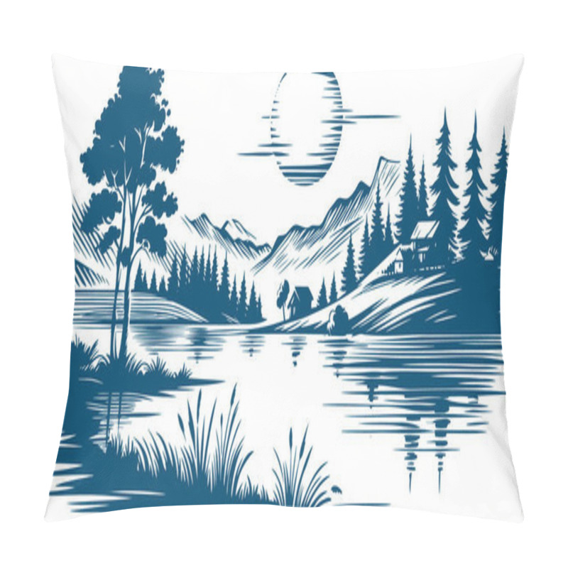 Personality  Graphic Scene With Forest Mountains And Lake On Sunrise Background Silhouette Drawing Pillow Covers