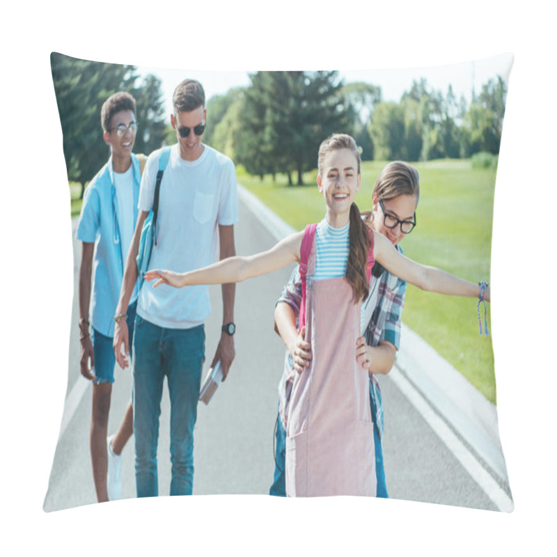 Personality  Happy Multiethnic Teenage Friends Having Fun While Walking Together In Park Pillow Covers