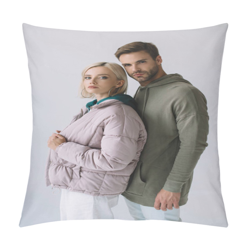 Personality  Stylish Blonde Girl And Bearded Man In Autumn Outfits Looking At Camera Isolated On Grey Pillow Covers