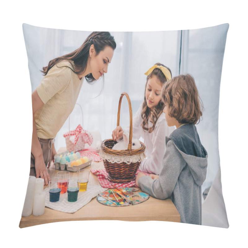 Personality  Kids And Mother Playing With Easter Rabbit At Home On Table Pillow Covers