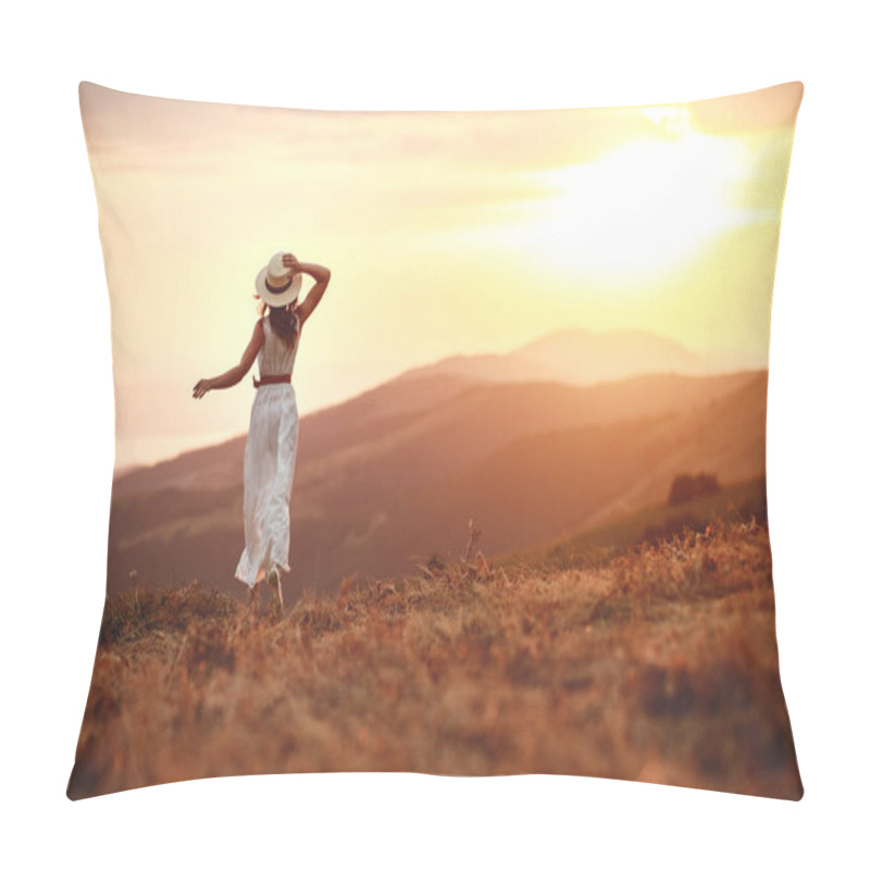 Personality  Happy Woman Standing With Her Back On Sunset In Nature Iwith Ope Pillow Covers