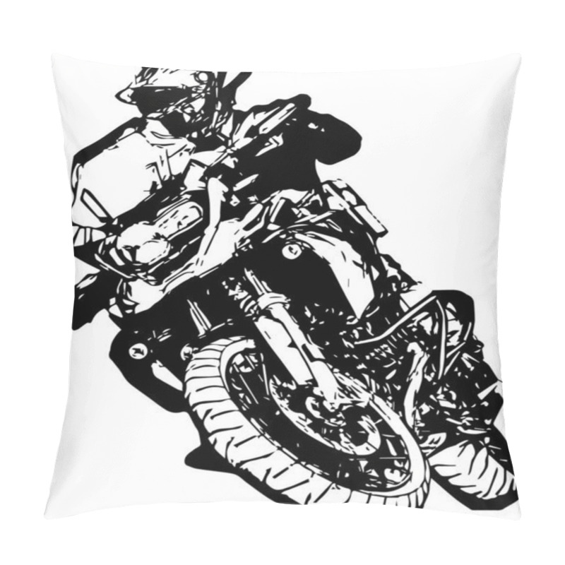 Personality  Biker On A Motorcycle Riding Fast On The Road. White Silhouette Of A Motorcyclist In A Helmet On A Bike On A Black Background. Pillow Covers