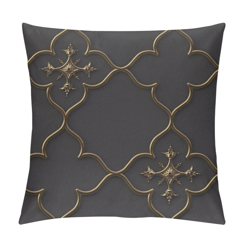 Personality  3D Illustration. Golden Geometric Ornament On A Black Embossed Background. Render. 3d Wall Texture. Abstract Background. Gold Lattice. Festive Background. Geometric Gold Ornament. Eastern Ornament.  Pillow Covers