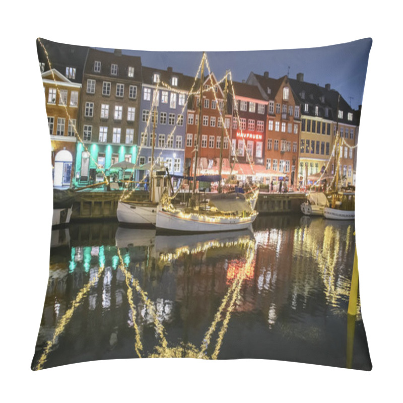 Personality  Evening View To Boats In Front Of Colourful Old Houses At Nyhavn Harbour Canal In Copenhagen, Denmark.  Pillow Covers