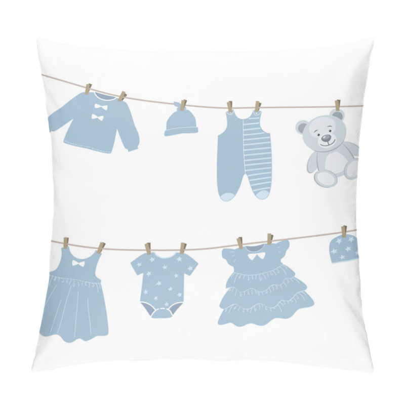 Personality  Baby Clothes Hang On The Clothesline. Things Are Dried On Clothespins After Washing. Vector Illustration In Blue Colors Pillow Covers