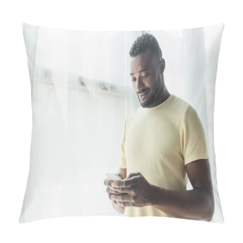 Personality  Happy African American Man Messaging On Smartphone  Pillow Covers