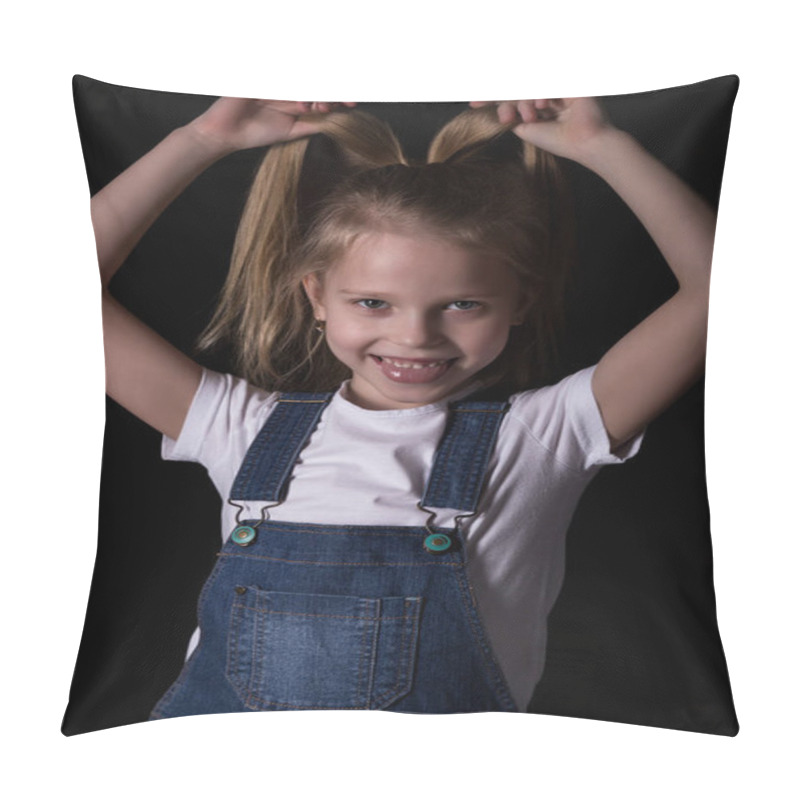 Personality  Beautiful Blonde Little Girl On A Dark Background. She Stands In Different Poses And Shows Different Emotions Pillow Covers