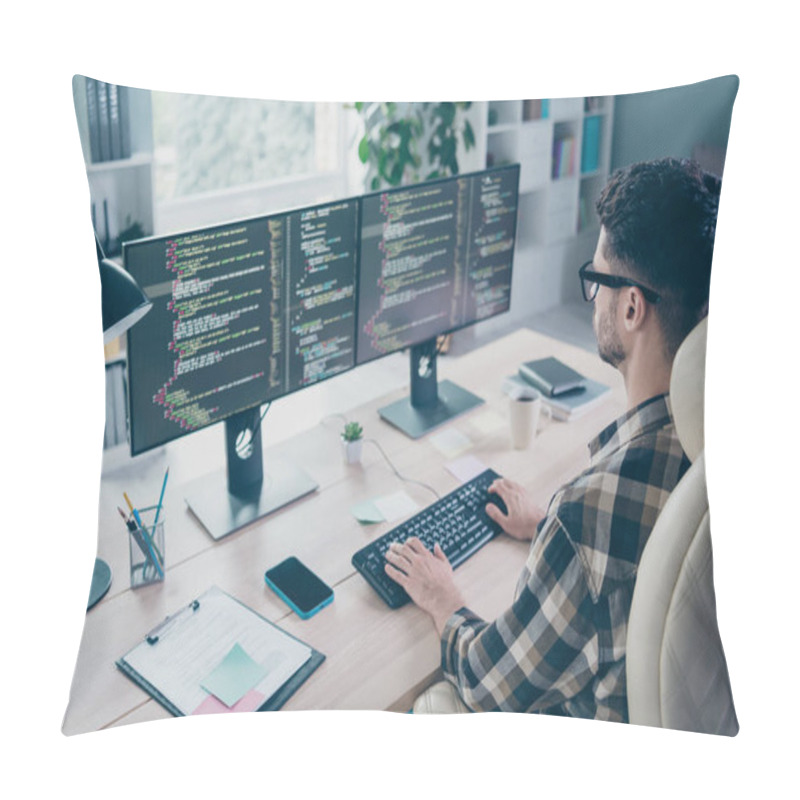 Personality  Photo Of Confident Busy Programmer Wear Spectacles Typing Keyboard Framework Indoors Workplace Workshop Home. Pillow Covers