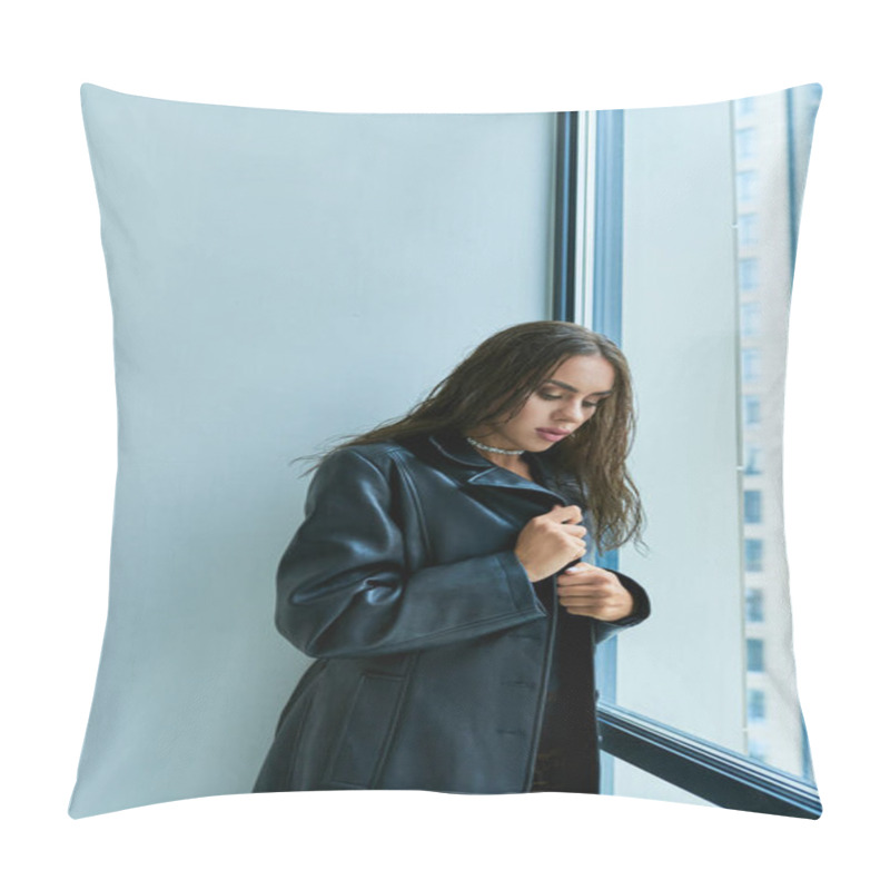 Personality  Brunette Woman With Long And Wet Hair Posing In Black Leather Coat Near Window, Personal Style Pillow Covers