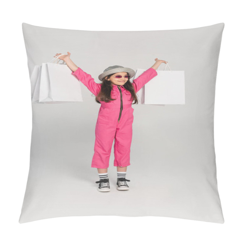 Personality  Excited Girl In Stylish Pink Outfit And Panama Hat Holding Shopping Bags On Grey Background Pillow Covers