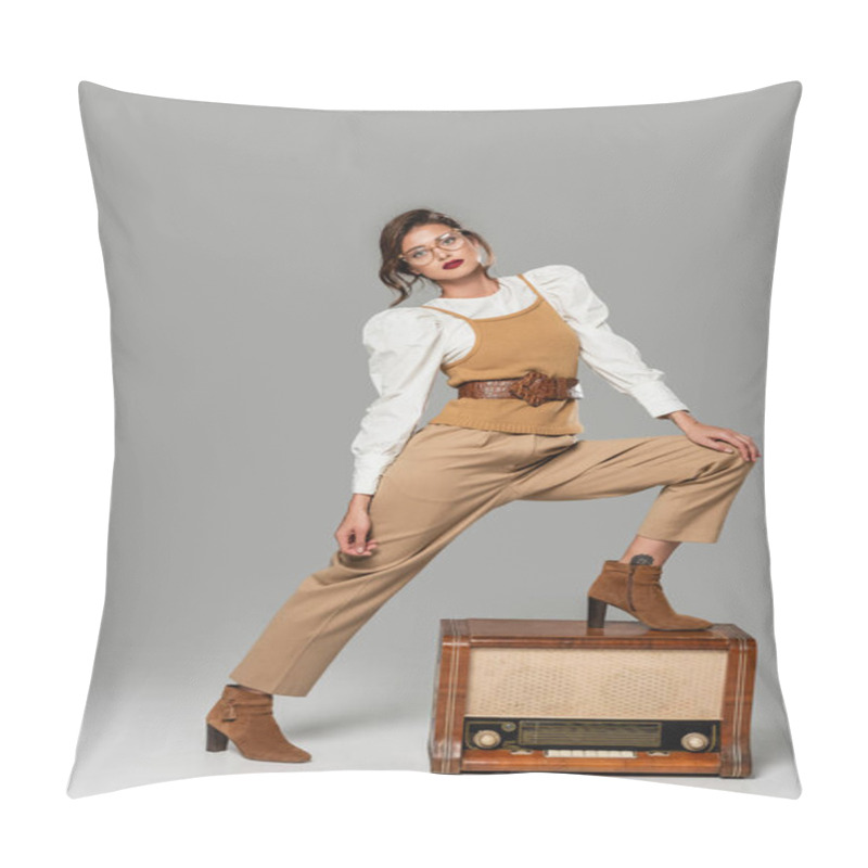 Personality  Full Length View Of Stylish Woman In Retro Clothes Stepping On Vintage Radio Receiver On Grey Pillow Covers