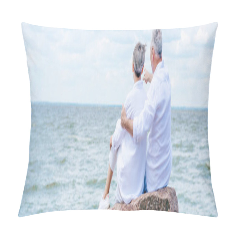 Personality  Panoramic View Of Senior Couple Sitting On Stone And Embracing Near River Pillow Covers