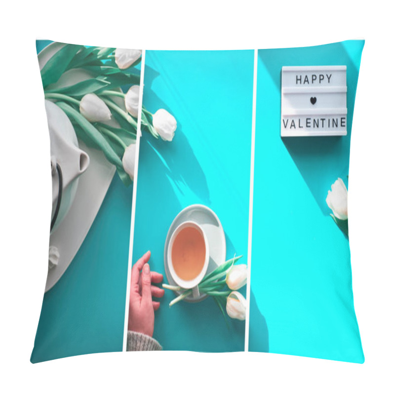 Personality  Collage, Composite Image. Spring Geometric Flat Lay. Female Hands Show Heart Shape Sign. Tea Cup, Tea Pot, Sweets, White Tulips On Blue Mint Table. Mother Day, International Women 8 March Background. Pillow Covers