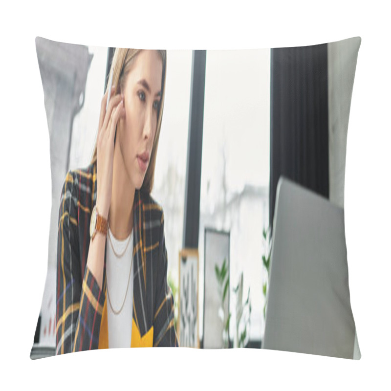 Personality  Young Businesswoman In Checkered Blazer Engaged In Focused Work, Banner Pillow Covers