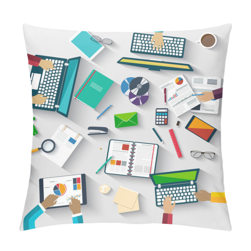 Personality  Teamwork At Table, Business Strategy, Statistic, Web Analytics.  Pillow Covers