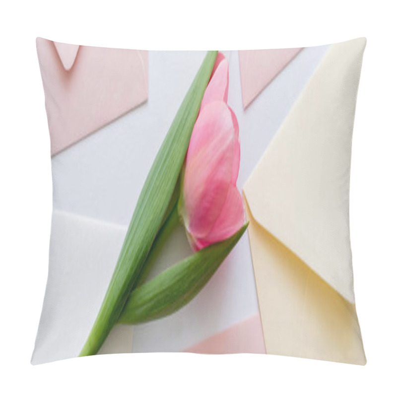 Personality  Top View Of Pink Tulip On Pastel Envelopes On White, Banner Pillow Covers