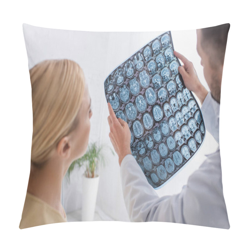 Personality  Physician Showing Mri Scan To Patient In Clinic On Blurred Foreground Pillow Covers