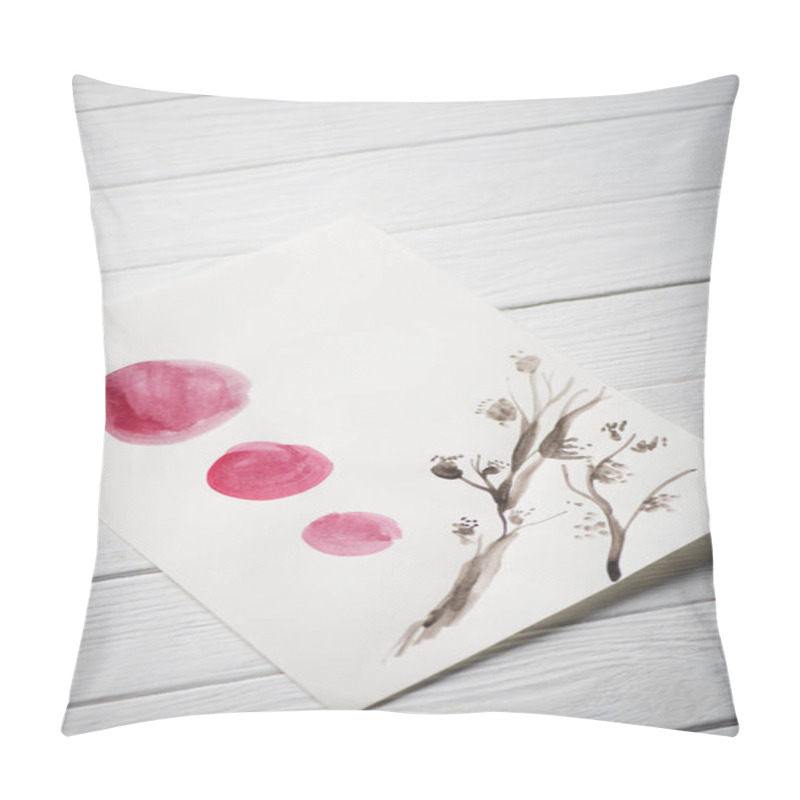 Personality  High Angle View Of Paper With Japanese Painting With Plant And Circles On Wooden Background Pillow Covers