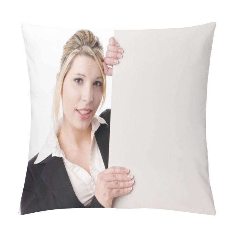 Personality  Young Attractive Woman (student,business Woman) In Dark Gray Blazer Is Holding A Blank Sign In The Camera,isolated Against A White Background. Pillow Covers