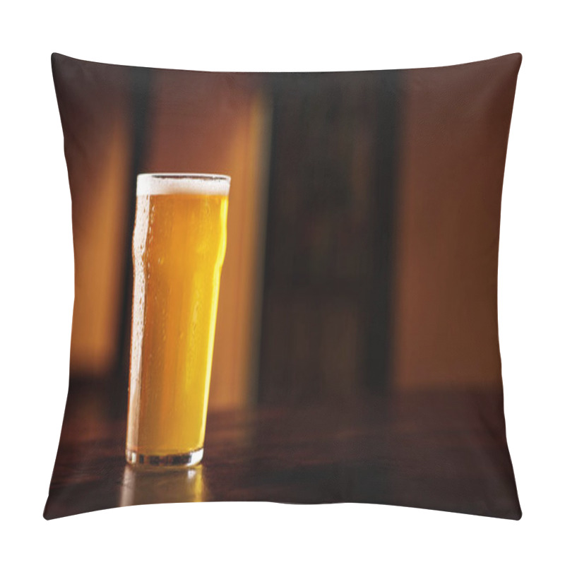 Personality  Pab Style. Misted Glass With Drops With Light Beer On Wooden Table In Dark Bar Interior Pillow Covers