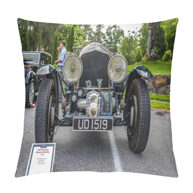 Personality  Highlands, NC - June 11, 2022: Low Perspective Front View Of A 1927 Bentley 4.5 Litre Blower At A Local Car Show. Pillow Covers