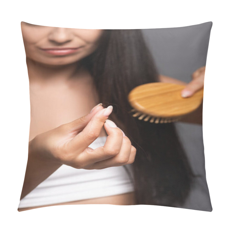 Personality  Selective Focus Of Brunette Woman Holding Lost Hair While Brushing Isolated On Black Pillow Covers