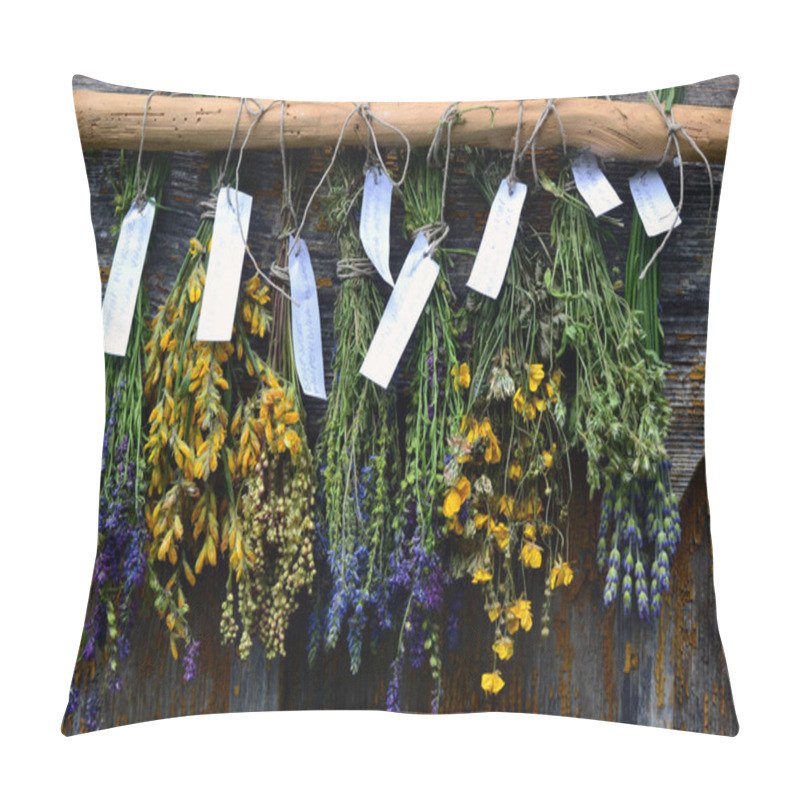 Personality  Bunches Of Dry Herbal Plants Hanging On Old Wooden Wall  Pillow Covers