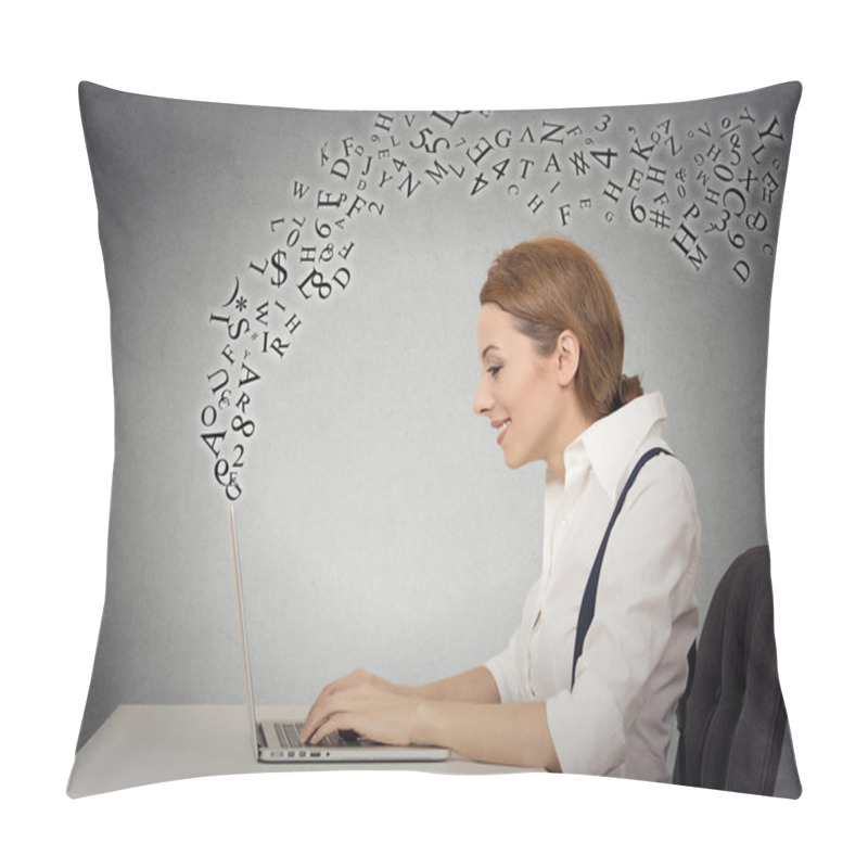 Personality  Woman Sitting At Desk In Office Working On Laptop Computer Pillow Covers