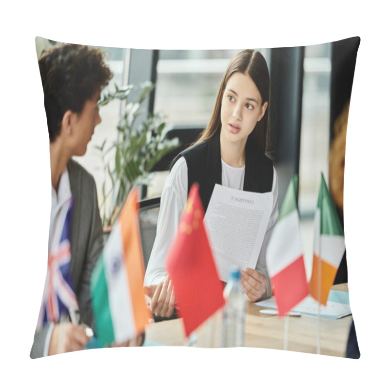 Personality  A Group Of Teenagers Participate In A Model UN Conference. Pillow Covers