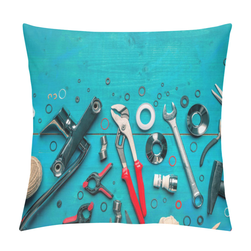 Personality  Plumbing Toolkit On Work Desk Top View Flat Lay, Water Pump Wide Jaw Pliers And Other Tools Pillow Covers